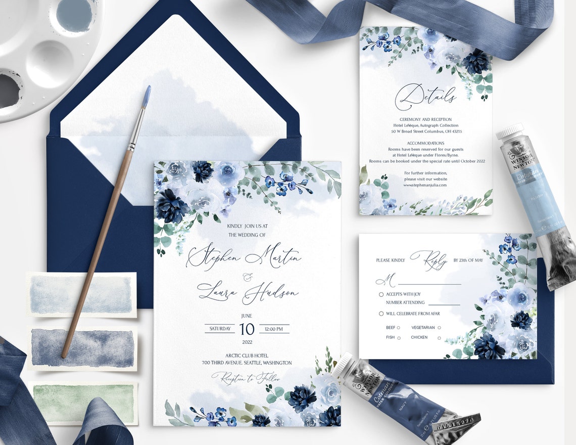 MRIA Light Blue and Blue Navy Wedding Invitation Bundle image 1