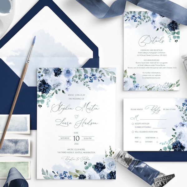 MRIA Light Blue and Blue Navy Wedding Invitation Bundle Template,  Light Blue Wedding Invites set Download, Floral, Printable, Editable Diy