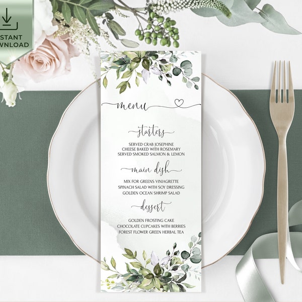 Editable Wedding Menu Template with Eucalyptus, Greenery Wedding Menu Download, INSTANT Download, Printable Wedding Menu | AMELIA