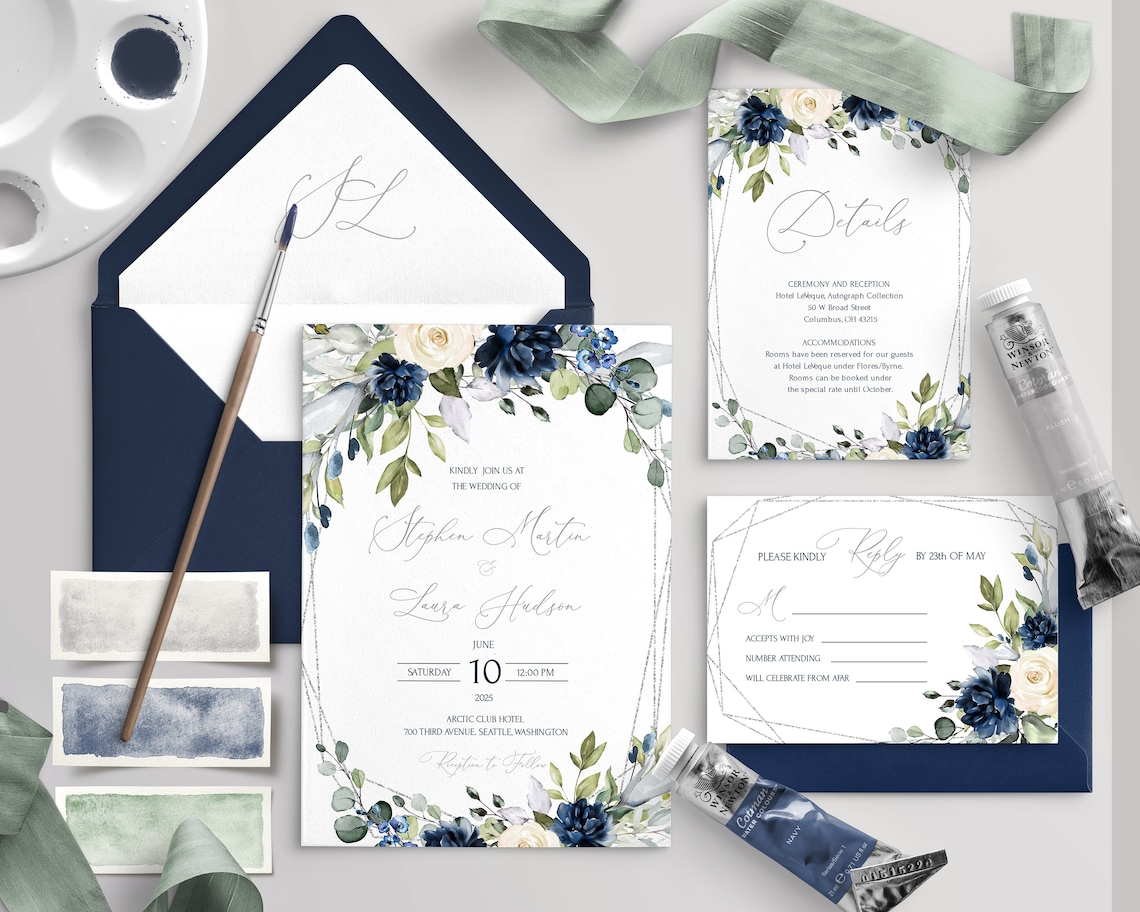 VIDA Blue Navy and Silver Geometric  Wedding Invitation Set image 2