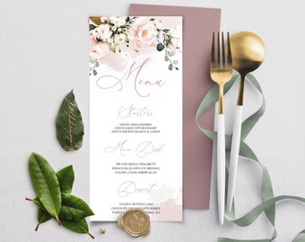 AVA Hochzeitsmenü Vorlage mit Aquarell Soft Blush Rosa Blumen, Floral, INSTANT Download, bearbeitbar, druckbar und charmant, DIY