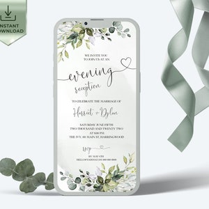Greenery Evening Wedding Reception Party | Digital Invitation Template,  Eucalyptus Wedding Reception Guest E-vite, Editable | AMELIA