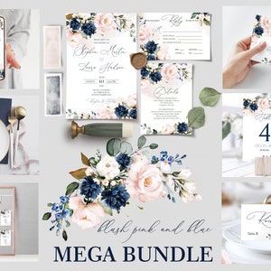 Wedding Invitation MEGA bundle Template, Blush Pink Blue Navy printable Wedding Invites Mega Bundle, Download | Soft Pink Blue Navy HARPER