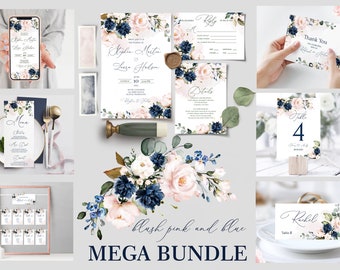 Wedding Invitation MEGA bundle Template, Blush Pink Blue Navy printable Wedding Invites Mega Bundle, Download | Soft Pink Blue Navy HARPER