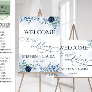 Wedding Welcome Sign Template, Light Blue Editable Welcome Sign Download, Printable Diy Custom Welcome Sign, MRIA