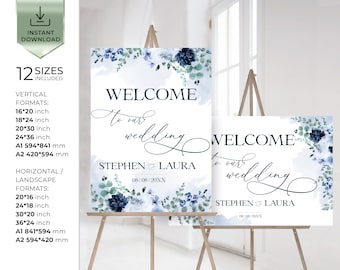 Wedding Welcome Sign Template, Light Blue Editable Welcome Sign Download, Printable Diy Custom Welcome Sign, MRIA