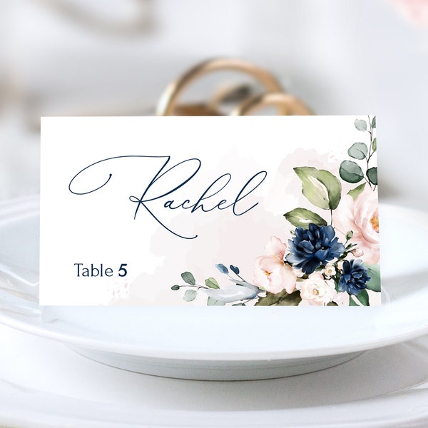 HARPER Blue Navy and Soft Pink Wedding Seat card , Table seat card,  seat card Template, Floral Place card Download, Blush Pink Editable