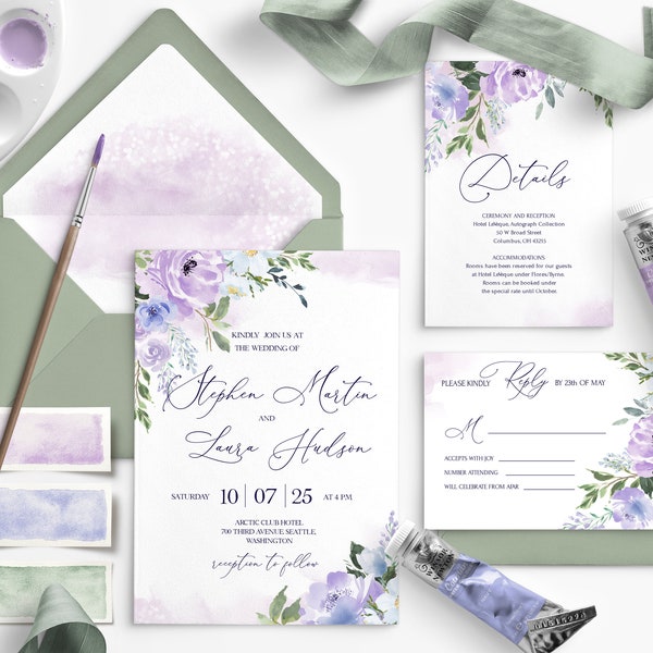 LILAC Floral Wedding Invitation Set Template, Amethyst Orchid, Printable Purple Wedding Invitation Suite, Electronic Invite, Download