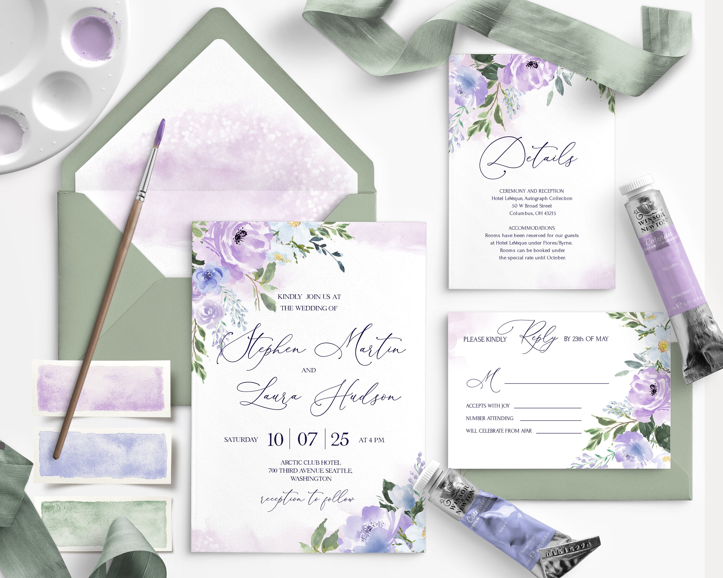 LILAC Floral Wedding Invitation Set Template Amethyst Orchid Etsy