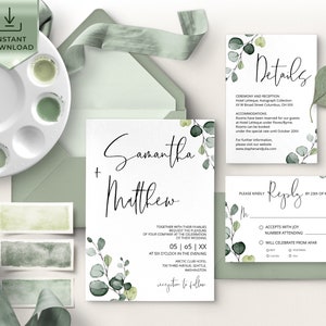Minimalist Wedding Invitation Suite Template, Greenery Wedding Invites Bundle, Printable Wedding invitation Set, Instant download DIY | EVA