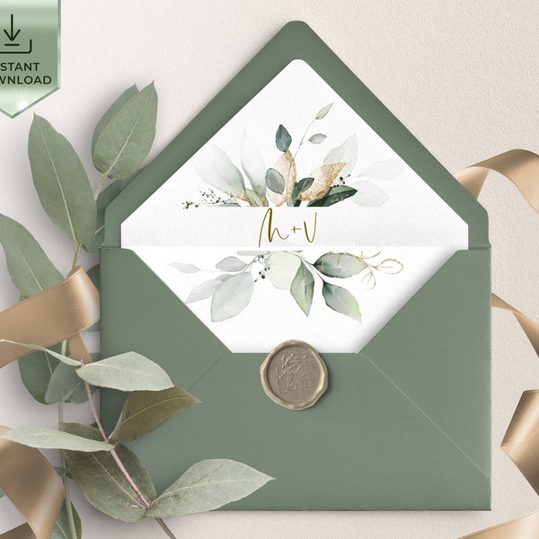 ISABELLA- Greenery & Gold Eucalyptus Envelope Liner A7, A6 Template,  Greenery Eucalyptus Wedding liner, Printable Liner for envelope