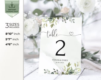 AMELIA - Editable Eucalyptus Wedding Table Number Template, Greenery Wedding Number, Printable Greenery Table Number, INSTANT Download, DIY