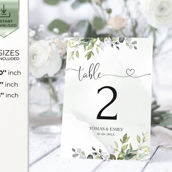 AMELIA - Bearbeitbare Eukalyptus Hochzeit Tischnummer Vorlage, Greenery Hochzeit Nummer, druckbare Greenery Tischnummer, INSTANT Download, DIY