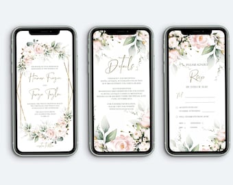 Modèle de paquet d'invitation électronique de fleurs roses BLUSH, Evite de smartphone de roses rose tendre, détails d'invitations géométriques dorées et téléchargement Rsvp