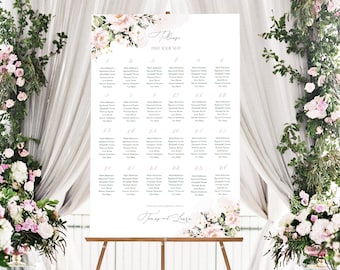 AVA Wedding Seating Chart Card Template with Watercolor Soft Pink Flowers, wedding Seat chart, INSTANT Download, Editable, Printable , Diy