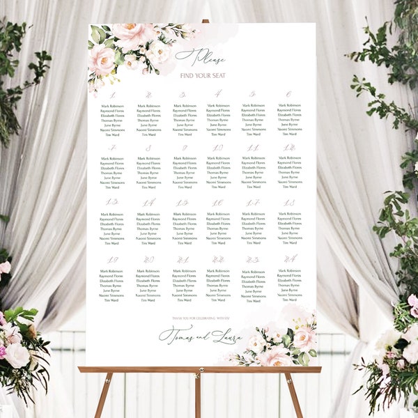 AVA Wedding Seating Chart Card Template with Watercolor Soft Pink Flowers, wedding Seat chart, INSTANT Download, Editable, Printable , Diy