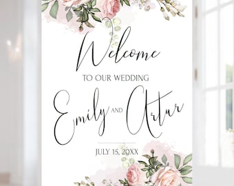 TEA ROSE Welcome Sign Template with Watercolor Blush Pink Flowers, Floral, Custom Sign, INSTANT Download, Editable, Printable and Diy