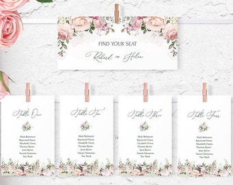 TEA ROSE Wedding Seating Chart Card Template with Watercolor Soft Pink Flowers, Greenery, INSTANT Download, Editable, Printable , Diy