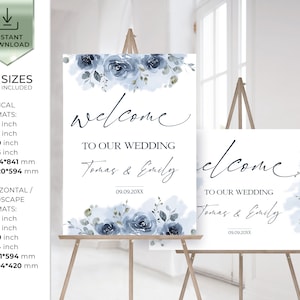 SKYLA Dusty Blue Welcome Sign Template, Editable Light Blue Welcome Sign, Printable blue Wedding Sign, Diy Custom Welcome Sign