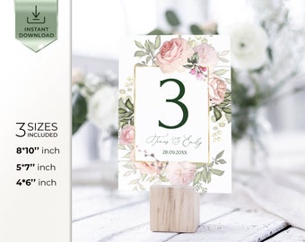 TEA ROSE - Table Number Template, Blush Pink Flowers Wedding Table Numbers, INSTANT Download, Editable, Printable