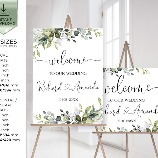 Editable Wedding Welcome Sign Template, Eucalyptus Welcome Board Template, Greenery Welcome Poster, Printable Custom Welcome Signage AMELIA