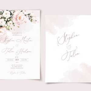 AVA Wedding Invitation Set Template Watercolor soft blush pink Flowers, Floral, Editable, Printable Bundle For Home Printing, Invites Suite image 4