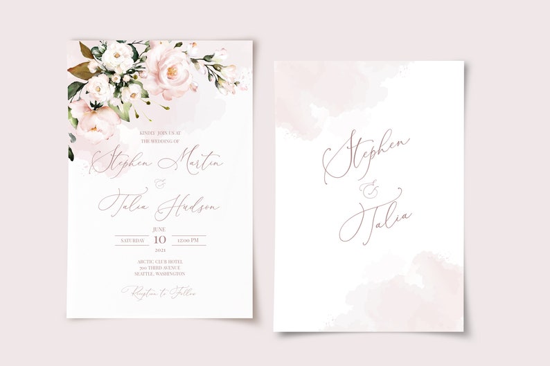 AVA Wedding Invitation Set Template Watercolor soft blush pink Flowers, Floral, Editable, Printable Bundle For Home Printing, Invites Suite image 4