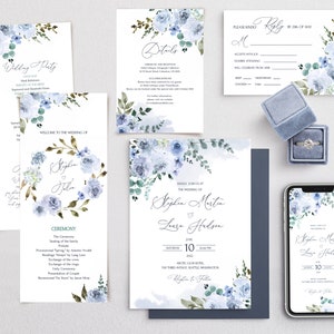 ELIA Wedding Invitation Template Set with Watercolor Light Blue, INSTANT Download, Editable, Floral, Printable  Wedding Invitation Bundle