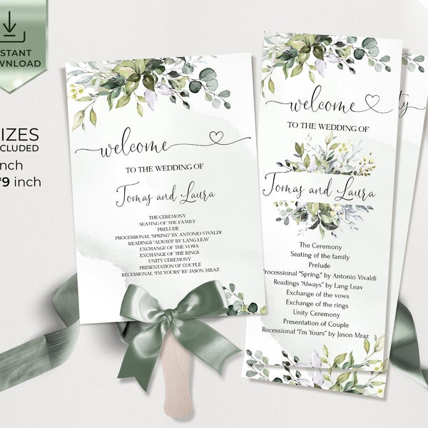 Greenery Program Template, Eucalyptus Fan Wedding Program, Printable Fan Order of Ceremony Template, Editable Wedding Program | AMELIA