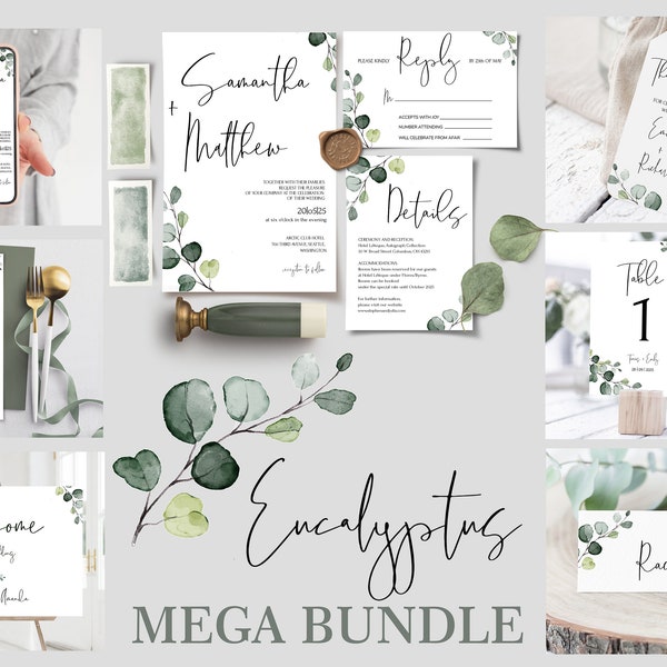 Minimalistic Wedding Invitation Mega bundle Template, Greenery Eucalyptus Wedding Invite Set Instant Download, Editable, Printable Diy | EVA