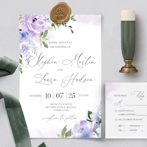 LILAC Wedding Invitation and Rsvp Template, Purple Flowers Wedding Invites Download, Floral, Editable, Printable Invite For Home Printing