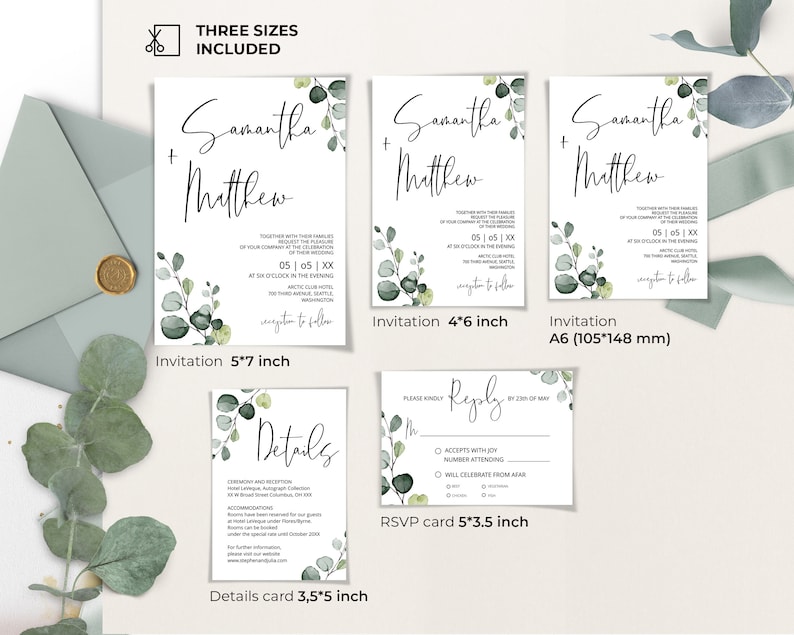 Minimalist Wedding Invitation Suite Template, Greenery Wedding Invites Bundle, Printable Wedding invitation Set, Instant download DIY EVA image 2