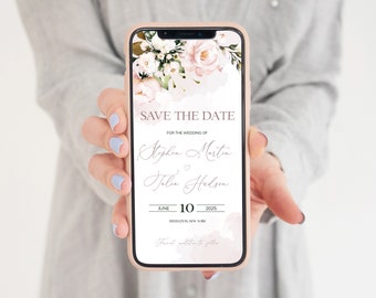 AVA Soft Pink Electronic Save the Date Template, Pink iPhone Save the Date Download, Floral, Editable Save the Date, Smartphone SMS Mobile