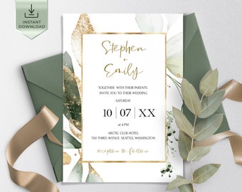 ISABELLA Greenery and Gold Eucalyptus Wedding Invitation Template, Wedding Invitation card, Wedding invitation template Download