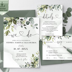 AMELIA Editable Wedding Invitation Set Template Greenery Leaves, Printable, DIY We do Bundle invitation, Eucalyptus Invite set, DIY