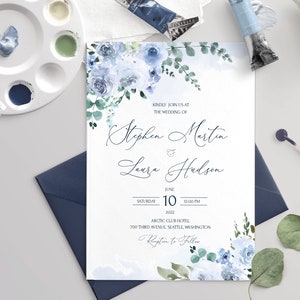 ELIA Wedding Invitation Template with Watercolor Light Blue Flowers, INSTANT Download, Editable, Printable Blue Wedding invites Diy