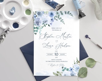 ELIA bruiloft uitnodiging sjabloon met aquarel lichtblauwe bloemen, INSTANT Download, bewerkbare, afdrukbare blauwe bruiloft nodigt Diy uit