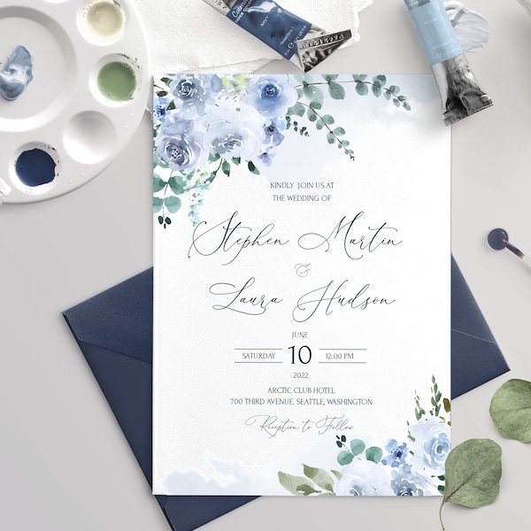 Modèle d’invitation de mariage ELIA avec aquarelle fleurs bleu clair, téléchargement instantané, modifiable, imprimable invitations de mariage bleu bricolage