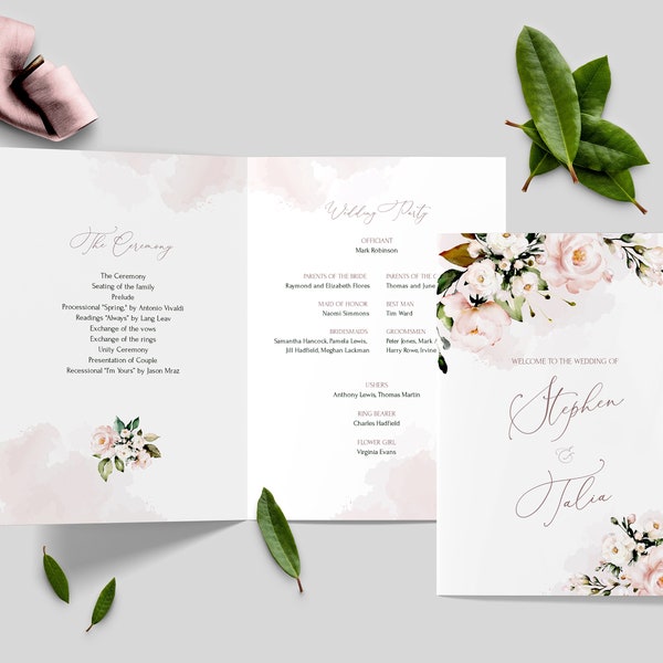 AVA Soft Pink Wedding Program Template, Folded Wedding Program, Ceremony Template Printable, Folded  Program Order Of Ceremony