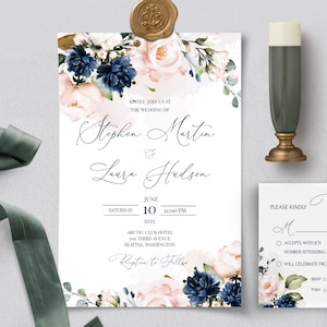 Faire-part de mariage HARPER bleu marine et rose pâle et modèle Rsvp, Invitations imprimables de fleurs bleu marine et rose pâle à télécharger Rsvp, Floral image 1