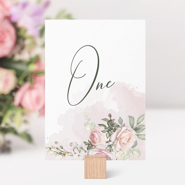 TEA ROSE Wedding Table Number Template with Watercolor Pink Flowers, INSTANT Download, Editable, Printable and Charming, Diy