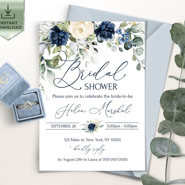 OCEAN Blue Navy Bridal Shower invitation Template, Floral Electronic invitation, Digital Download, Printable, Editable, Printable