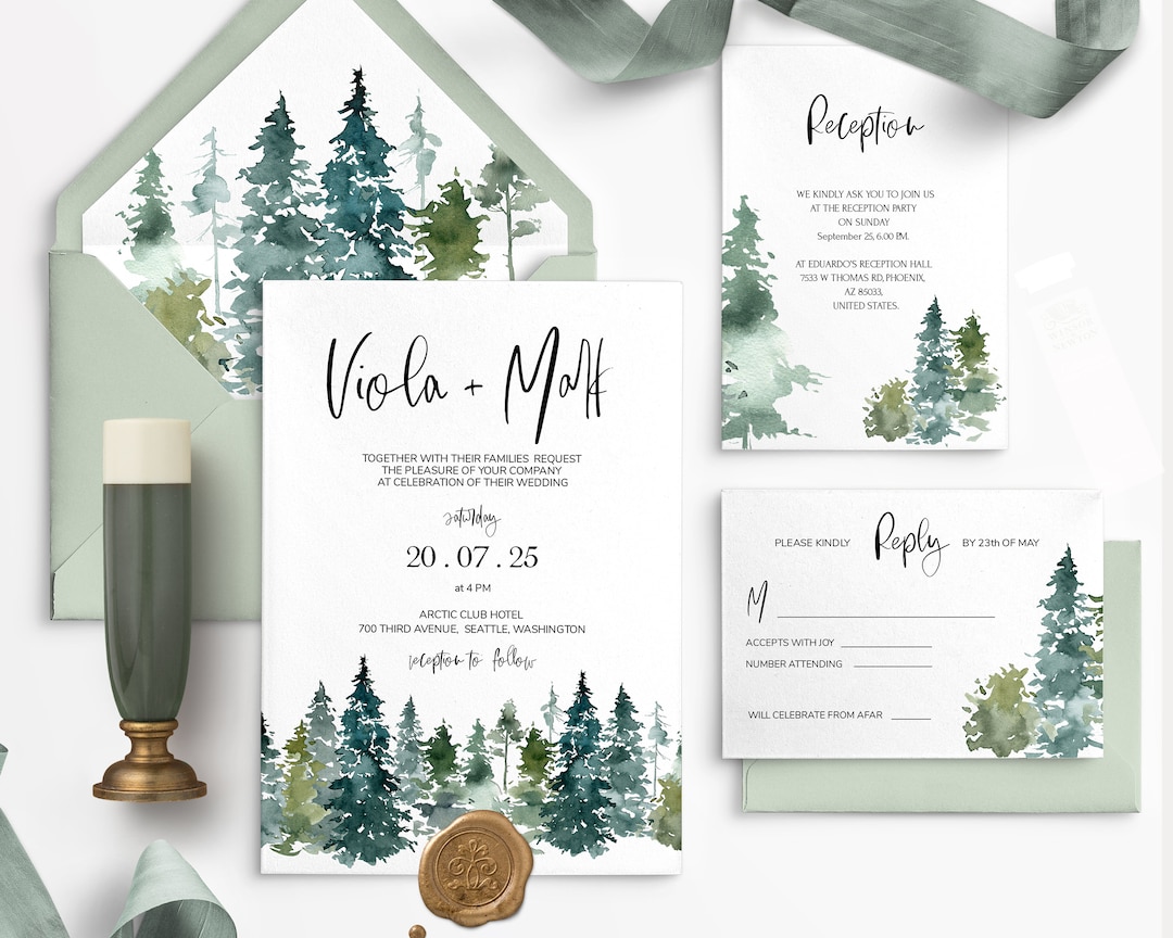 FOREST Wedding Invitation Set Template Trees, Greenery Wedding ...