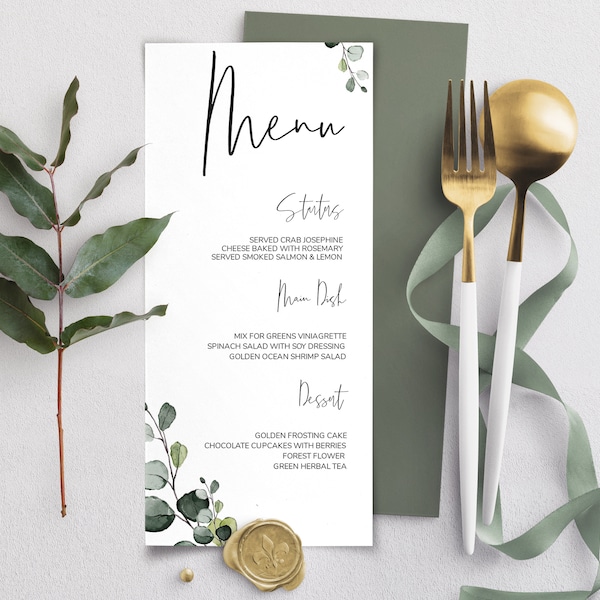 Minimalist Wedding Wedding Menu Template with  Eucalyptus, Greenery Wedding Menu, INSTANT Download, Printable  Boho Wedding Menu, Diy | EVA