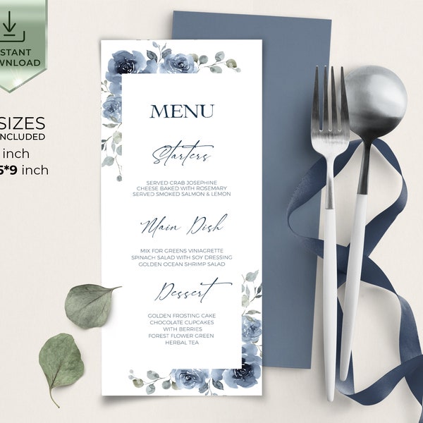 SKYLA - Dusty Blue & Blue Navy Wedding Menu Template, Editable Floral Menu, Printable Menu, Templett, Try Before