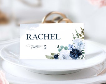 MRIA - Light Blue Place card Template, Editable Blue Navy Wedding Table seat card Download, Printable Name card, Wedding Place card