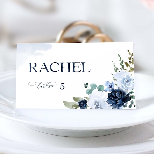 MRIA - Light Blue Place card Template, Editable Blue Navy Wedding Table seat card Download, Printable Name card, Wedding Place card