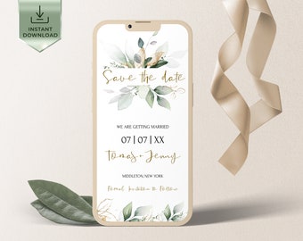 ISABELLA Save The Date Template, Eucalyptus Save Date Digital invitation, Smartphone, Greenery & Gold Save the Date Digital Template