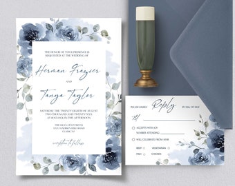 SKYLA Wedding Invitation and Rsvp Template with Watercolor Dusty Blue, INSTANT Download, Editable, Floral, Printable Wedding Invitation, Diy