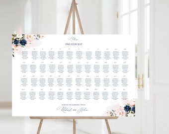 HARPER Blue Navy &  Blush Pink Wedding Seating Chart, Bohemian Floral Seating Chart Template, Soft Pink flower Wedding Seating Download